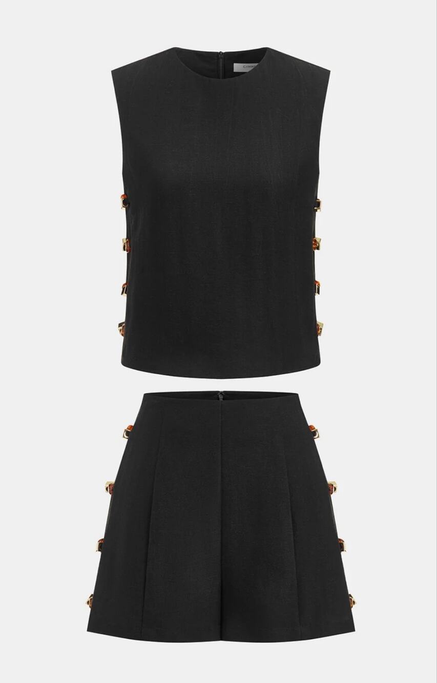 NWT Commense Tortoiseshell Detail Sleeveless Top Shorts Set Black Size Small